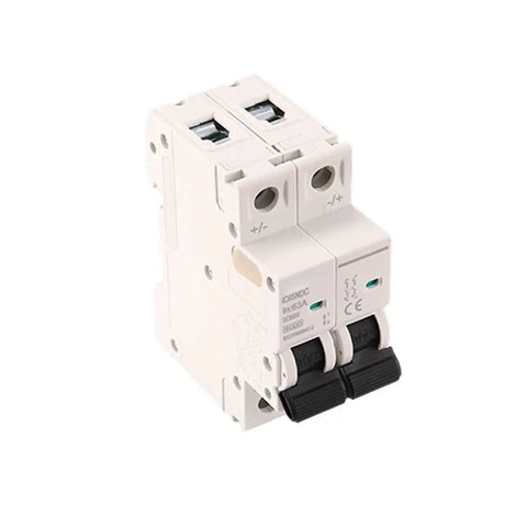Heavy Duty 2P DC Mini Circuit Breaker Rated 600V with Amp Options 16A To 63A for Solar PV Systems, compact design.