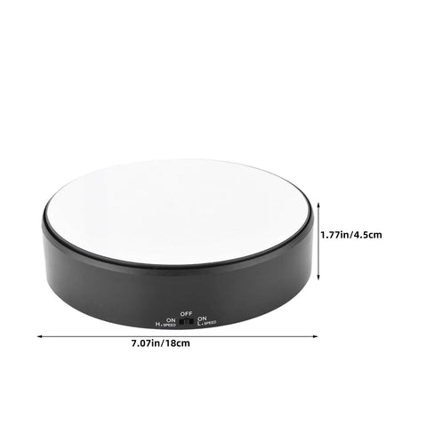 Heavy Duty Motorized Electric Rotating Platform With Remote Control For Jewelry Display, 7.07in diameter, 1.77in height, black base.