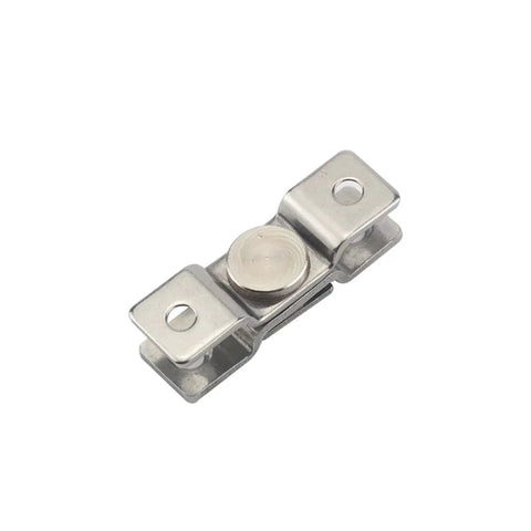 Damping torque hinge, silver metal mounting hardware with central round adjustment knob and mounting tabs