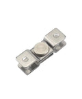Close-up of stainless steel damping torque hinge with two mounting plates and central pivot.