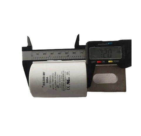 Heavy Duty 500Amp High Voltage DC Fuse 750V measured with caliper, showing dimensions for precision in electric vehicle applications.