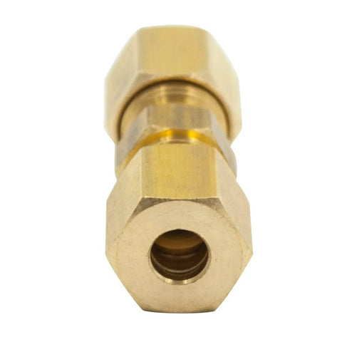 Brass compression tube fitting, union coupling with hex ends, close-up view