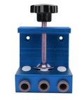Straight Shooting Aluminum Pocket Hole Drill Guide Dead On Woodworking Jig And Compact Hole Punch Locator For Solid Furniture Assembly And Easy DIY Builds In Blue, front view showing knobs and holes.