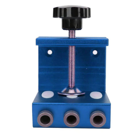 Straight Shooting Aluminum Pocket Hole Drill Guide Dead On Woodworking Jig And Compact Hole Punch Locator For Solid Furniture Assembly And Easy DIY Builds In Blue, front view showing knobs and holes.
