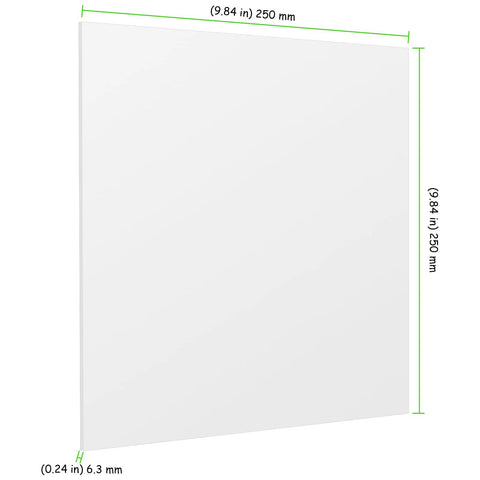 Side view of a white UHMW HDPE sheet, 10x10 inches, 0.25 inch thick. Six Pack Ten By Ten Inch White UHMW HDPE Sheets One Quarter Inch Thick Polyethylene Board For Office, Home And Light Industrial Use Beefy And Heavy Duty Impact And Wear Resistant Plastic Sheets.