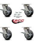 Heavy Duty Kingpinless Swivel Caster Set Of Four With Six Inch Thermoplastic Rubber Wheels and precision ball bearings visible, includes swivel locks.
