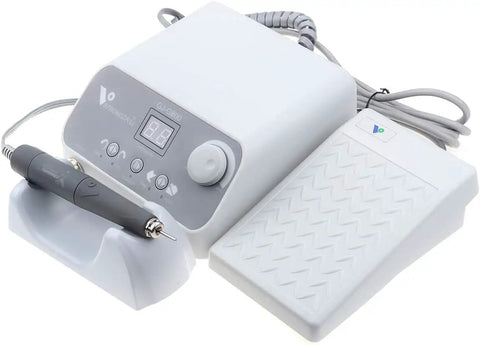 Pro Level Angled Brushless Electric Rotary Buffer For Polishing Carving Engraving Glass Ceramic Silicone And Stone Jewelry Crafting With Bulletproof Grey Grip And Hella Smooth Operation For Your Daily Workshop Or Home Jobs with digital display and foot pedal.