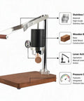 Portable Manual Espresso Maker With Stainless Steel Lever And Precision Pressure Gauge For Rich Extraction Of Espresso And Latte with wooden base.