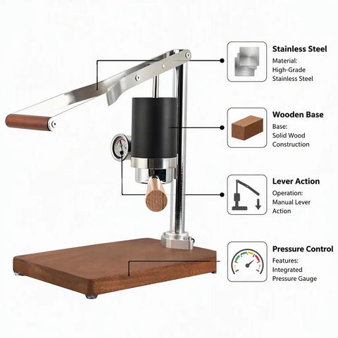 Portable Manual Espresso Maker With Stainless Steel Lever And Precision Pressure Gauge For Rich Extraction Of Espresso And Latte with wooden base.