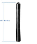 4.7 Inch Carbon Fiber Car Radio Antenna Mast Replacement for Cars and Trucks Universal Fit Easy Install Dope Build Car Wash Safe Durable Scratch Resistant Antenna Upgrade showing side view with measurements