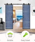 Rock Solid 28 By 84 Inch Sea Blue Natural Spruce Barn Door with Top Tier Five Foot Stainless Steel Sliding Track Hardware Kit, installed view.