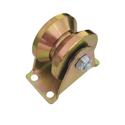 Badass 2 Inch V Groove Pulley Sliding Gate Rollers Heavy Duty Rigid Caster With Bracket For Wire Rope Track zinc plated wheel close-up.