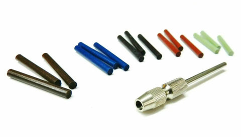 Two Millimeter Silicone Polishing Point Set 15 Piece Assortment With Five Grades And Chuck Mandrel on white background