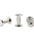 Rock Solid Chicago Binding Screws, M4 X 12Mm Phillips Pan Head Rivet Nuts, Nickel Plated Carbon Steel, Rust Resistant Fasteners, 30 Pack Set Built Tough For Hardware, three views of screws.
