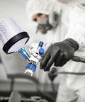 Kickbutt Pneumatic Paint Spray Gun For Auto Body Work With Knockout Atomization and integrated pressure regulator in use.