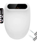 Top Shelf Electric Bidet Toilet Seat With Heated Elongated Lid Smart Led Display Self Cleaning Nozzle and remote control view.