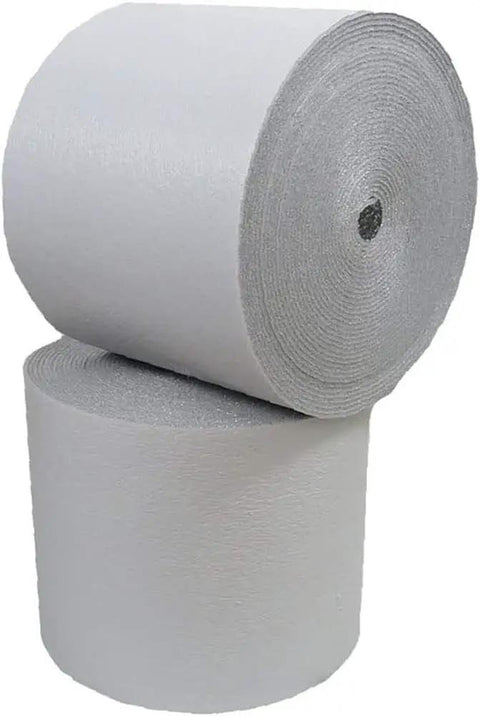Kickass Reflective Foam Core Insulation Roll With Radiant Barrier And Vapor Block Slick White Foil Faced Heavy Duty 3 8 Inch Thick 4 Feet By 1000 Feet Long stacked rolls.