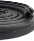 Close-up of rolled 20ft car door weather stripping, U-shaped rubber edge seal with steel strip, black