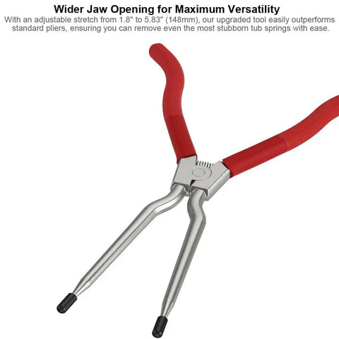Upgraded Beefed Up Washer Spring Expansion Tool with adjustable jaw stretch 1.8 to 5.83 inches, ergonomic design, red handles