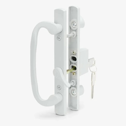 Keyed Sliding Patio Door Handle Set For Legacy And Sash Controls Fits P N 2265 With Forty Five Degree Keyway Without Mortise Lock Three Fifteen Sixteen Inch Hole Centers Non Handed White Diecast B Position For Doors One And A Half To Two Inches Thick visible in the image
