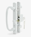 Keyed Sliding Patio Glass Door Handle Set for Truth Legacy Sash Controls, white diecast, 3-15/16 in, side view with key inserted.