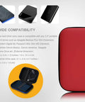 Universal Hard Drive Carrying Case Bag Storage Organizer With Solid Eva Core And Waterproof Pu Leather Shell showing interior pockets and external red design.