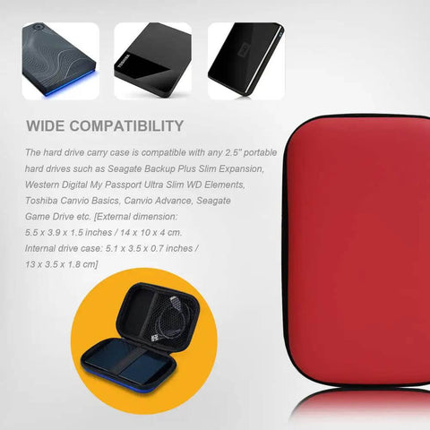 Universal Hard Drive Carrying Case Bag Storage Organizer With Solid Eva Core And Waterproof Pu Leather Shell showing interior pockets and external red design.