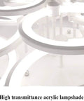 Close-up of high-transmittance acrylic rings in the Dimmable Modern Ring Ceiling Light With Six Acrylic Rings Flush Mount LED Chandelier for bedrooms.