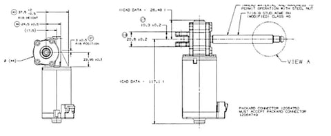 Technical drawing of 12 Volt Dc Worm Drive Gear Motor Left Angle Config for Auto Power Seat Adjustment with dimensions.