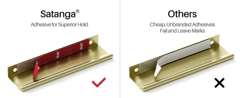Comparison of Satanga adhesive versus unbranded adhesive for edge finger pulls for cabinets peel and stick on kitchen drawers no drill.