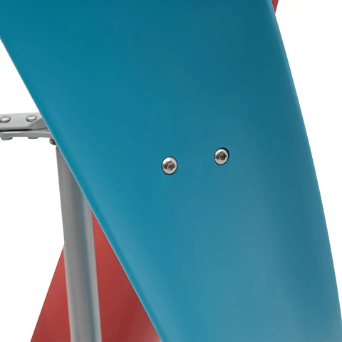 Close-up of 400W 12V Wind Turbine Kit With 3 Blades Vertical Helix Design, blue and red blade with metal support bracket visible