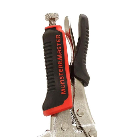 6 Inch C Clamp Face Locking Pliers With Swivel Pads For Heavy Duty Grip Like A Boss And Locking Power, Clamp Bulky Workpieces Up To Two And A Quarter Inches Thick, 26 Inch Length, Two Inch Jaw Depth, Durable Construction close-up of handle and jaw