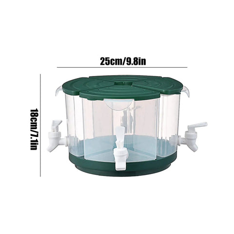 Five Point Five Liter Rotating Beverage Dispenser With Four Separate Compartments And Dripless Spigot Game Day Ready For Backyard Shindigs Or Office Break Rooms Serves Punch Juice Or Water Without The Mess In Sleek White Finish, shown with dimensions.