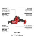 Professional Grade M18 Fuel Four Pack Cordless Power Tool Combo Kit Featuring Heavy Hitting One Half Drill Fast Draw Impact Wrench And Kickin Sawszall Saw Built For Long Shifts On Site With Top Shelf Performance features a Milwaukee reciprocating saw with LED light, brushless motor, and one-handed design.