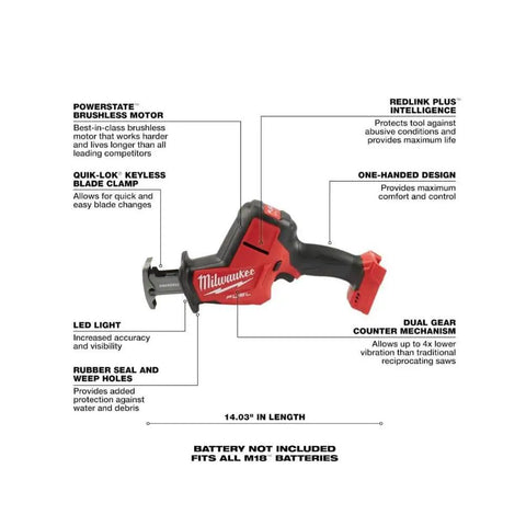 Professional Grade M18 Fuel Four Pack Cordless Power Tool Combo Kit Featuring Heavy Hitting One Half Drill Fast Draw Impact Wrench And Kickin Sawszall Saw Built For Long Shifts On Site With Top Shelf Performance features a Milwaukee reciprocating saw with LED light, brushless motor, and one-handed design.