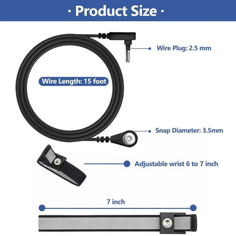 Grounding Wristband And 15 Foot Cable Kit For ESD Safety, Adjustable 6 To 7 Inch Wrist Strap, 2.5 mm Plug and 3.5 mm Snap features