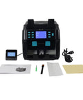 Heavy Duty Dual Pocket Money Counter Machine With Pro Grade Fake Money Detector And Universal Currency Setup For Swift Bill Sorting Plus Serial Number Logging In Black with display and accessories.