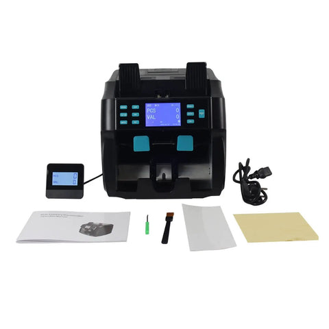 Heavy Duty Dual Pocket Money Counter Machine With Pro Grade Fake Money Detector And Universal Currency Setup For Swift Bill Sorting Plus Serial Number Logging In Black with display and accessories.