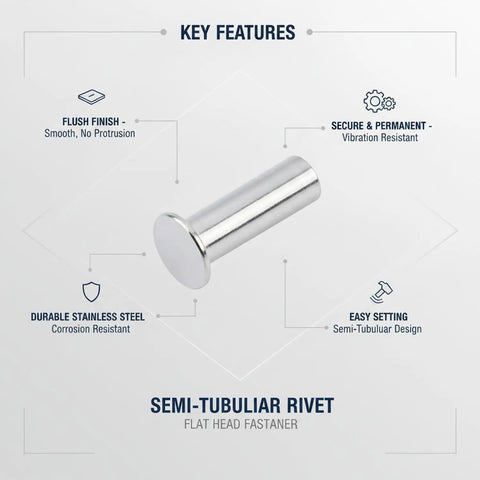 Top Shelf Stainless Steel Semi Tubular Rivets Featuring Flat Head Profile For Slick Sheet Metal Joining And Dead Solid Fastening Assembly Every Contractor Relies On, showcasing flush finish and easy setting design.
