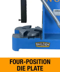 Heavy Duty Three Ton Arbor Press Featuring Wide Throat Opening Hella Robust Case Hardened Ram Adjustable Jaw Gap And Locking Four Position Die Plate showing the four-position die plate.