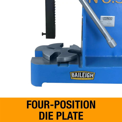 Heavy Duty Three Ton Arbor Press Featuring Wide Throat Opening Hella Robust Case Hardened Ram Adjustable Jaw Gap And Locking Four Position Die Plate showing the four-position die plate.