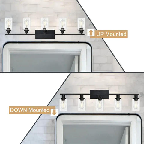 Industrial Farmhouse 5 Lights Vanity Fixture Over Mirror With Clear Glass Shades Matte Black Finish shown Up and Down Mount