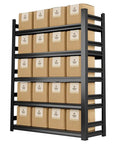 Hella Heavy Duty Metal Shelving Rack With Five Adjustable Tiers For Garage Workshop And Shed Storage Features Powder Coated Steel Frame To Handle 440 Lbs Per Shelf Rock Solid And Built Like A Tank Rig holding stacked cardboard boxes.