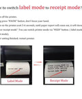 How to switch modes on Real Deal Snappy Thermal Label Printer for barcodes and price tags, showing label mode and receipt mode.