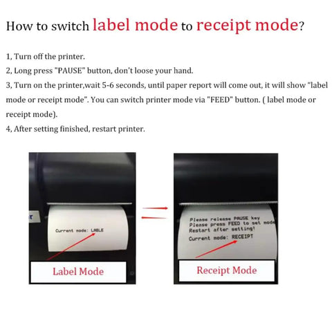 How to switch modes on Real Deal Snappy Thermal Label Printer for barcodes and price tags, showing label mode and receipt mode.