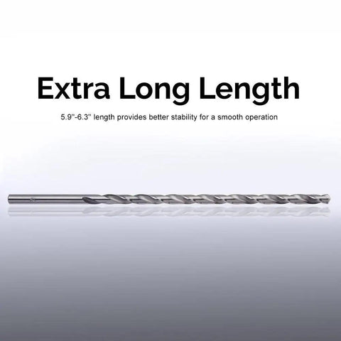 Top-Notch Extra Long High Speed Steel Drill Bit Set for Woodworking, showcasing an extra-long drill bit with text "Extra Long Length"