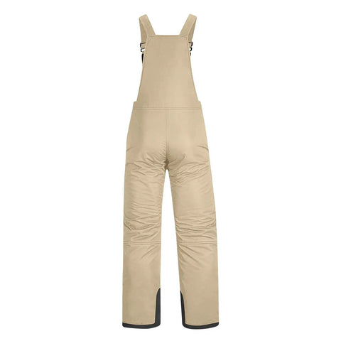 Back view of beige Women's Sleeveless Ski Bibs Snow Pants For Winter Cozy Fit Lightweight Breathable Polyester With Spandex Adjustable Shoulder Straps Snow Overalls for cold weather.
