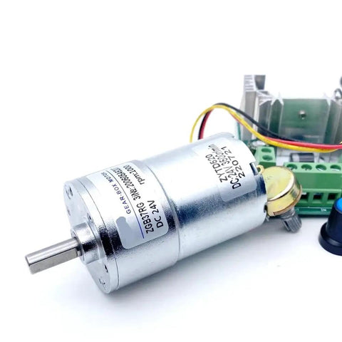 Cool 37Mm Dc Reduction Gear Motor With High Torque For Robotics And Automation Projects That Runs Smoothly On 12 Or 24 Volts And Does Both Clockwise And Counter Clockwise Spins Super Efficiently, showing a silver 24V motor.