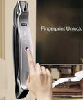 Drop Your Clunky Keys For This Rock Solid Fingerprint Door Lock With App Remote Override Password Entry IC Card Backup Electronic Digital Security For Your Everyday Home, close-up of a sleek digital door lock with fingerprint scanner.