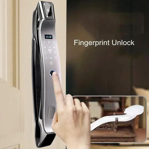 Drop Your Clunky Keys For This Rock Solid Fingerprint Door Lock With App Remote Override Password Entry IC Card Backup Electronic Digital Security For Your Everyday Home, close-up of a sleek digital door lock with fingerprint scanner.